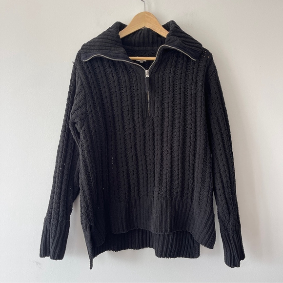 Aerie Quarter Zip sweater chenille black Chunky cable knit oversized S cable car - Picture 2 of 8